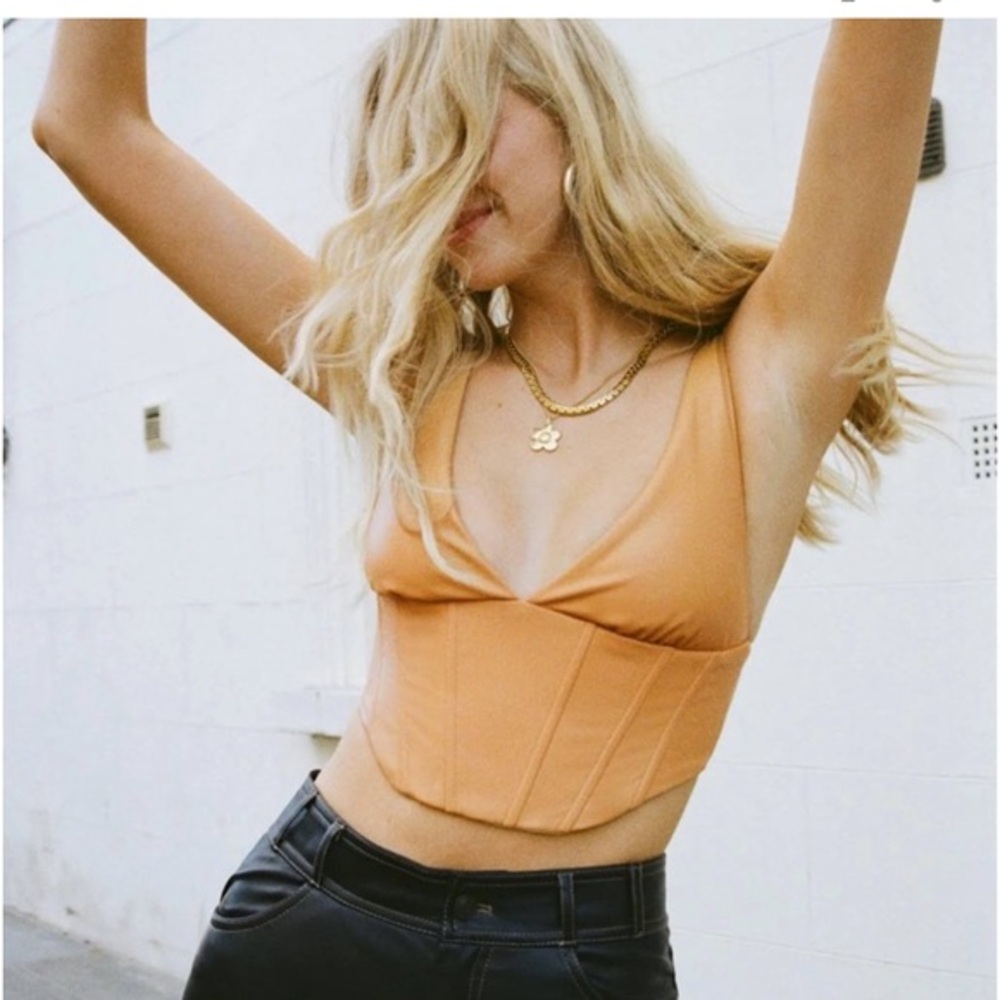 NWT Zara Caramel Faux Leather V-Neck Crop Top - caramel color - medium